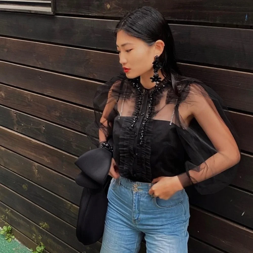 Simone Rocha x H&M Puff Sleeved Black Tulle Blouse - Picture 9 of 16